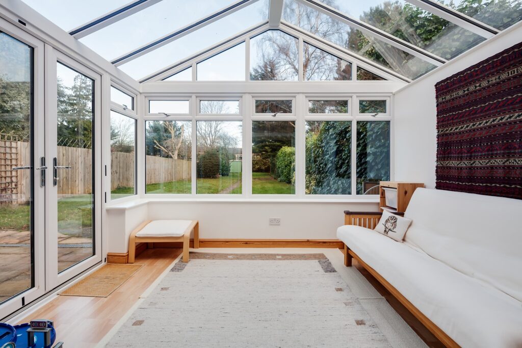 Cambridge, England - Jan 15 2019: Upvc White Garden Room Conserv